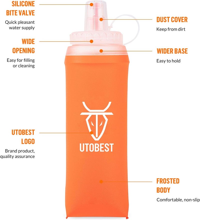 UTOBEST Soft Flask Collapsible Running Water Bottle, Flexible TPU Folding Bottles for Hydration Pack for Hiking Cycling (Orange-500ml*2) - Image 4